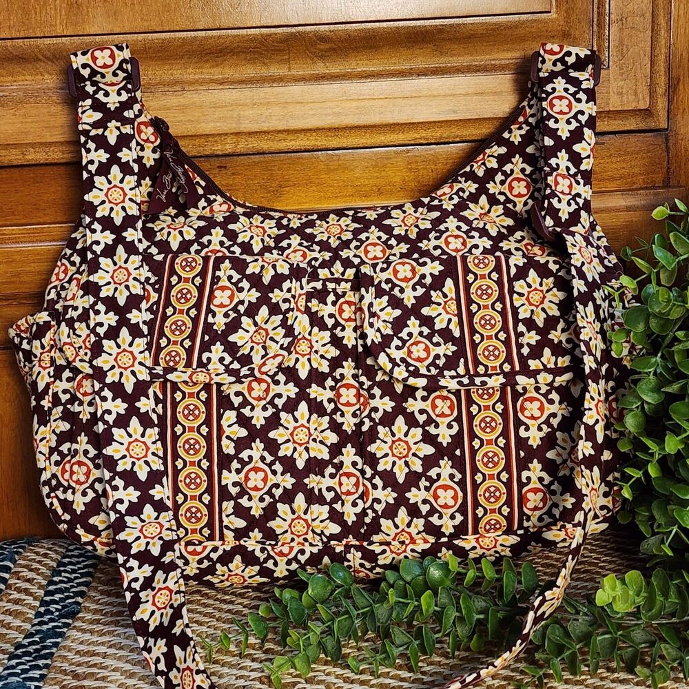 Vera Bradley Medallion Design Handbag Deep Burgundy Orange Gold Cream Pockets